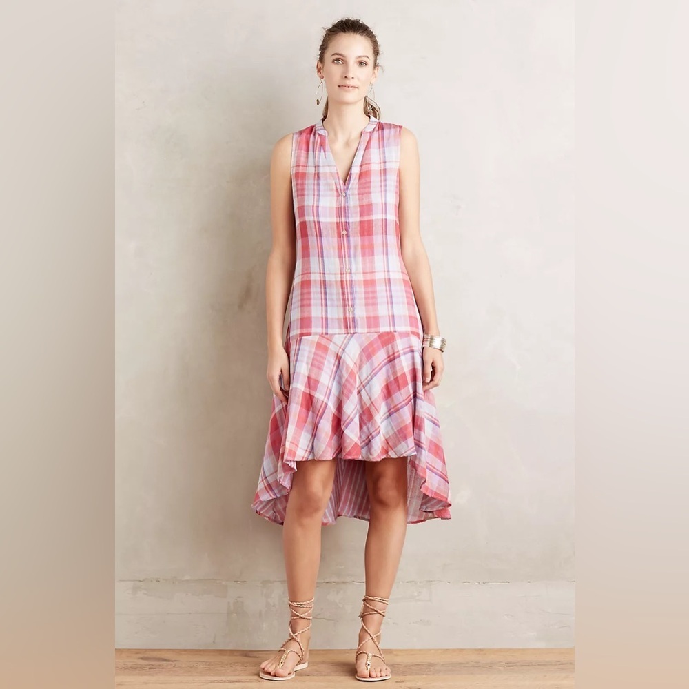 Anthropologie Maeve Pippa Swing Dress In Red Motif Size XS Plaid Sleeveless